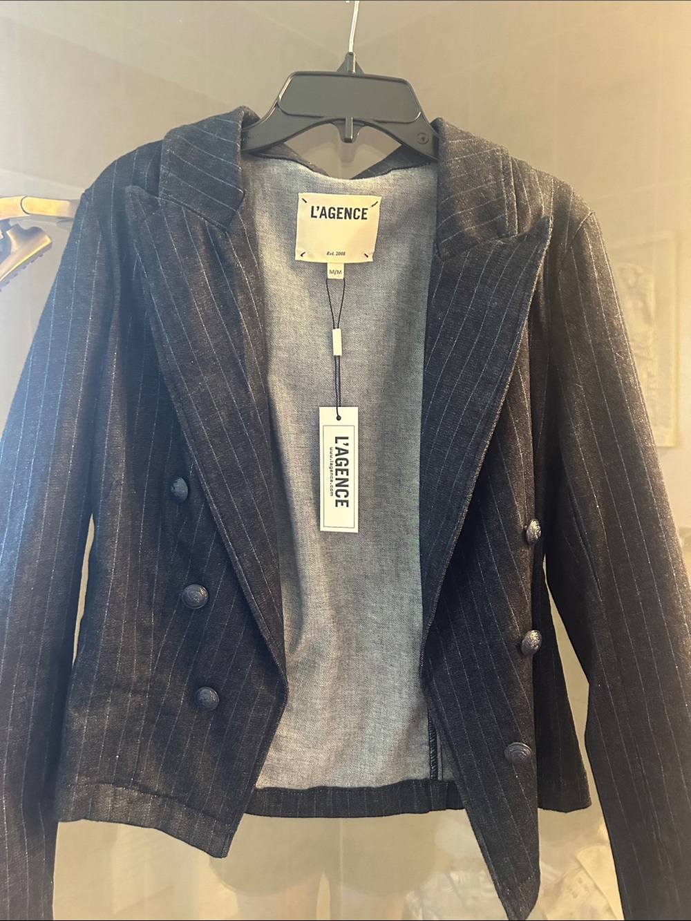 L'AGENCE Women's Double-Breasted Pinstripe Blazer in indigo blue glitter stripe